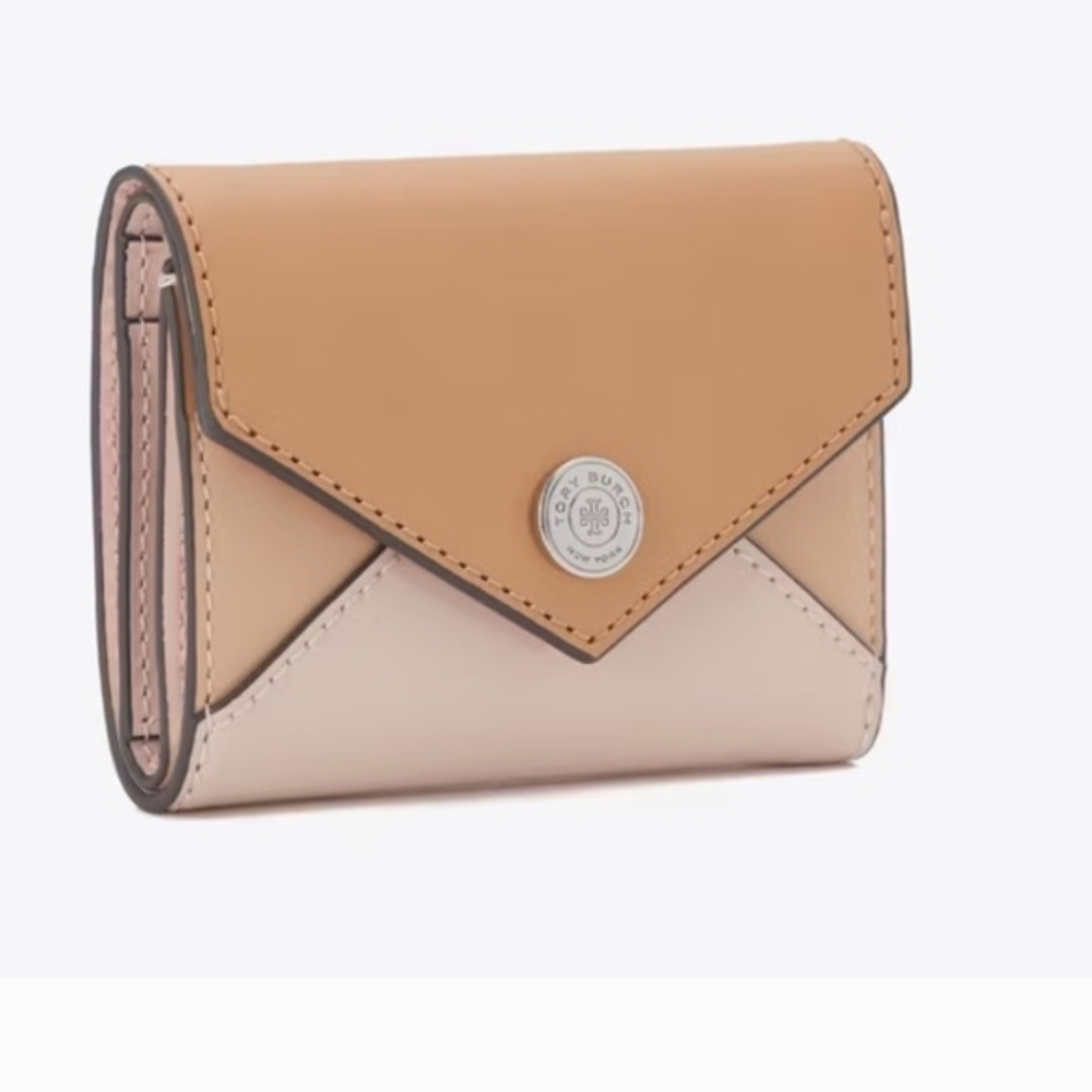 Tory Burch Colorblock Compact Leather Wallet - Tan & Cream